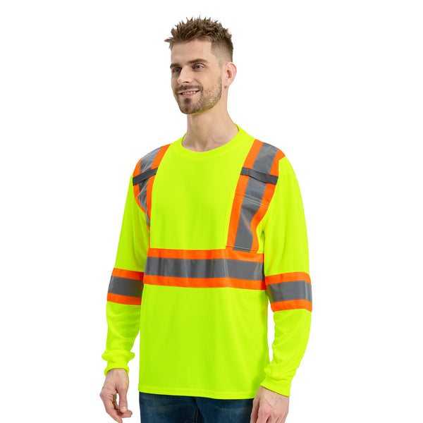 ProtectX Neon Green High Visibility Safety Shirt, Quick Dry Breathable Reflective Construction Work Long Sleeve Shirts, Class 2 Type R
