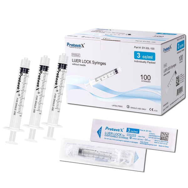 ProtectX Syringe 3ml Disposable Luer Lock Sterile (No Needle), Individually Sealed Single Use Syringe 100-Pack