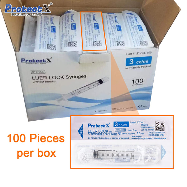 ProtectX Syringe 3ml Disposable Luer Lock Sterile (No Needle), Individually Sealed Single Use Syringe 100-Pack