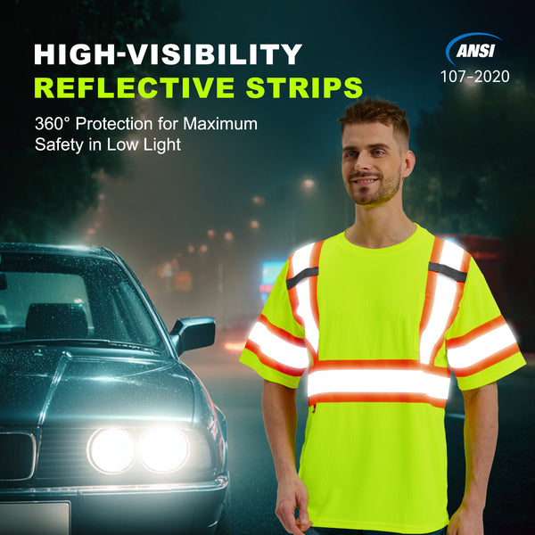 ProtectX Neon Green Hi Vis Short Sleeve Safety Shirts, Reflective Breathable Construction Apparel, Men Women Work Shirt, Class 2