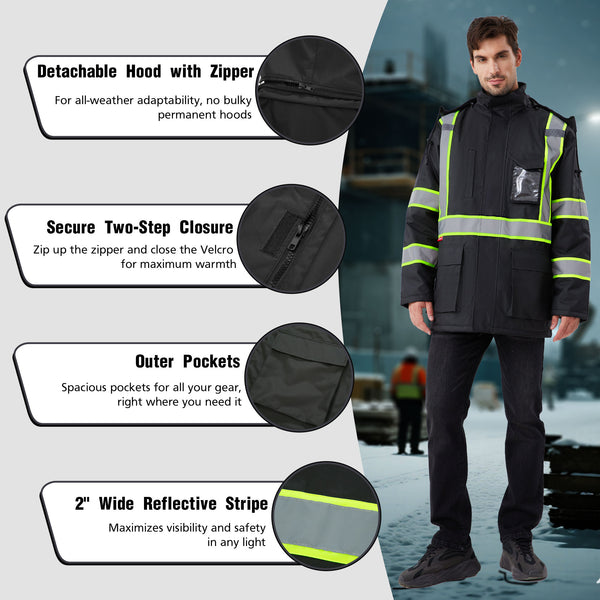 ProtectX Black High Visibility Winter Safety Jacket for Men, Reflective Insulated Work Long Coat
