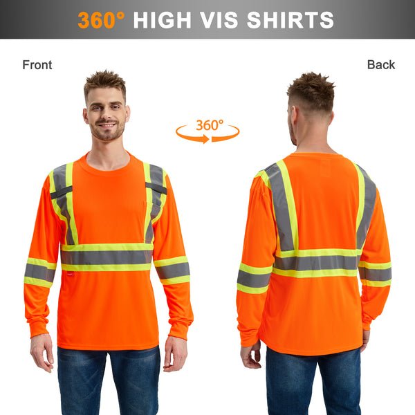 ProtectX Orange High Visibility Safety Shirt, Quick Dry Breathable Reflective Construction Work Long Sleeve Shirts, Class 2 Type R