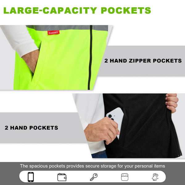 ProtectX Neon Green Hi Vis Reversible Winter Insulated Safety Vest for Men Windproof water-repellent and warm high-visibility safety vest ANSI Class 2 Hi Vis Winter Vest for Men Women