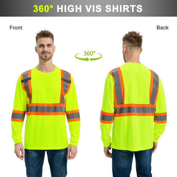 ProtectX Neon Green High Visibility Safety Shirt, Quick Dry Breathable Reflective Construction Work Long Sleeve Shirts, Class 2 Type R