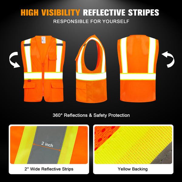 ProtectX Neon Orange Safety Vest for Men Women ANSI Class 2 High Visibility Mesh Reflective Construction Vest with 4 Pockets