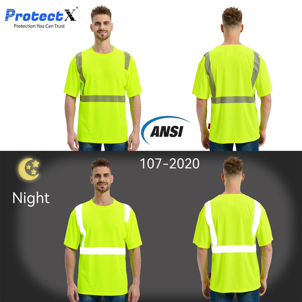 ProtectX Neon Green 2-Pack High Vis Safety Shirts for Men, Short Sleeve Reflective Shirts, Class 2 Construction Shirts for Men