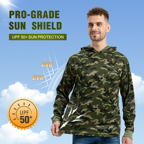 ProtectX Camouflage High Visibility Sun Protection Lightweight Long Sleeve Hoodie, UPF 50+ Quick-Dry, SPF UV Shirt, Active Wear