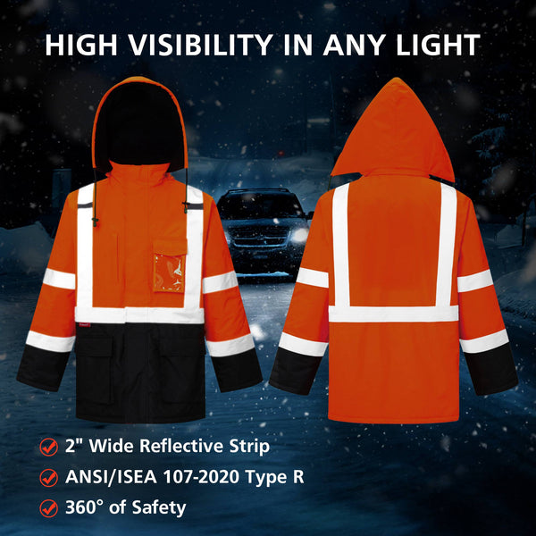 ProtectX Neon Orange High Visibility Winter Safety Jacket for Men, Reflective Insulated Work Long Coat