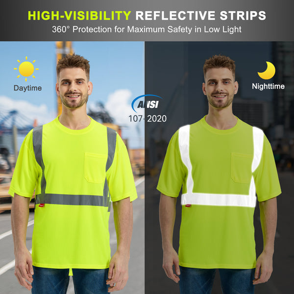 ProtectX Neon Green High Visibility Short Sleeve Safety Shirts, Reflective Quick Dry Construction Work Shirts, Class 2 Type R
