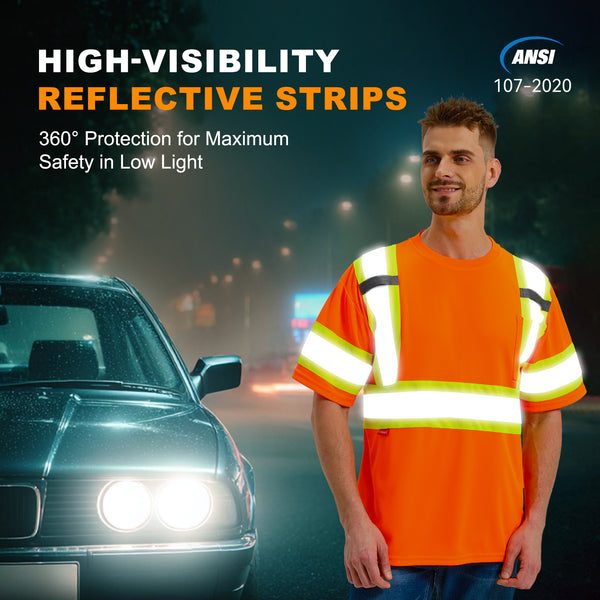 ProtectX Orange Hi Vis Short Sleeve Safety Shirts, Reflective Breathable Construction Apparel, Men Women Work Shirt, Class 2