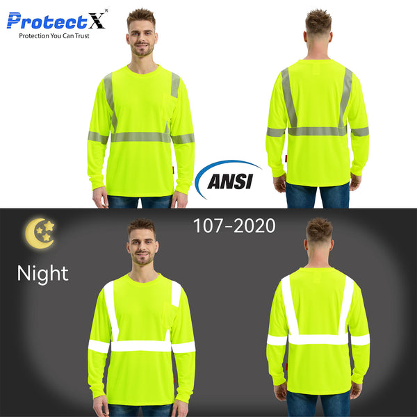 ProtectX Neon Green 2-pack High Vis Safety Shirts for Men, Long Sleeve Reflective Shirts, Class 3 Construction Shirts for Men Women