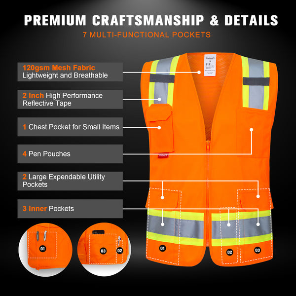 ProtectX Orange High Visibility Reflective Safety Vest for Men Women Hi Vis Work Construction Vest with Pockets Class 2 Zipper Front Meets ANSI Standards 7 Pockets