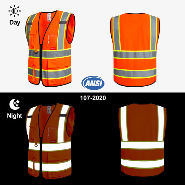 ProtectX 9 Pockets Orange Safety Vest for Men Women High Visibility Reflective Vest for Construction Work Class 2