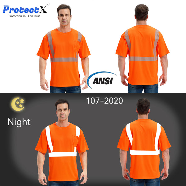 ProtectX Orange 2-Pack High Vis Safety Shirts for Men, Short Sleeve Reflective Shirts, Class 2 Construction Shirts for Men