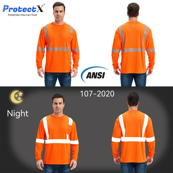 ProtectX Orange 2-pack High Vis Safety Shirts for Men, Long Sleeve Reflective Shirts, Class 3 Construction Shirts for Men Women