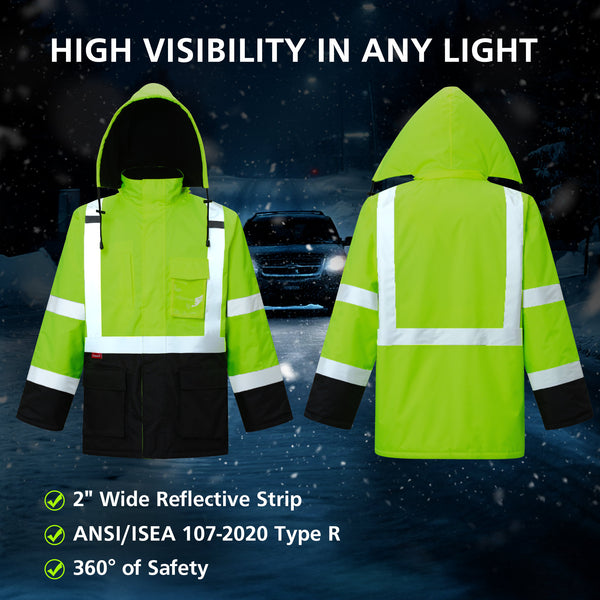 ProtectX Neon Green High Visibility Winter Safety Jacket for Men, Reflective Insulated Work Long Coat
