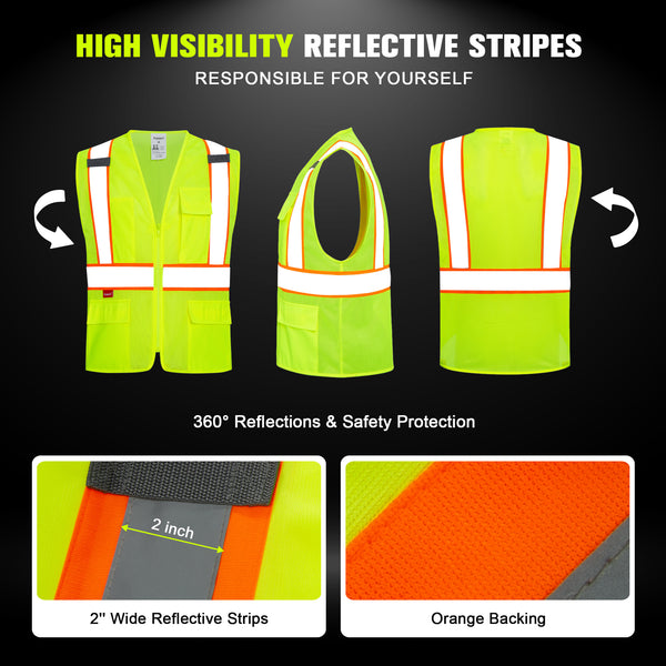 ProtectX Neon Green Safety Vest for Men Women ANSI Class 2 High Visibility Mesh Reflective Construction Vest with 4 Pockets