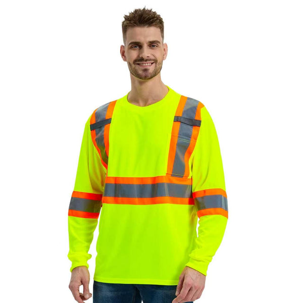 ProtectX Neon Green High Visibility Safety Shirt, Quick Dry Breathable Reflective Construction Work Long Sleeve Shirts, Class 2 Type R