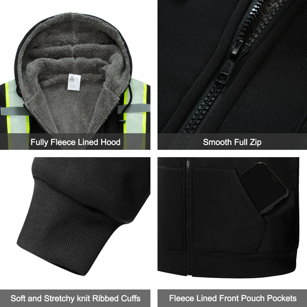 ProtectX Hi Vis Black Safety Hoodie for Men Women Fleece Lined High Visibility Sweatshirt Reflective Jacket