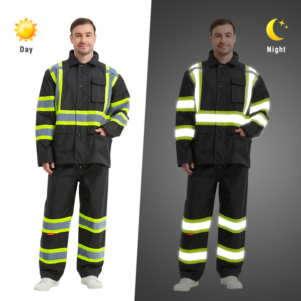 ProtectX High Visibility Rain Suit for Men Waterproof, Hi Vis Reflective Safety Rain Jacket Pant Set Rain Coat - Black