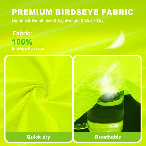 ProtectX Neon Green Hi Vis Short Sleeve Safety Shirts, Reflective Breathable Construction Apparel, Men Women Work Shirt, Class 2