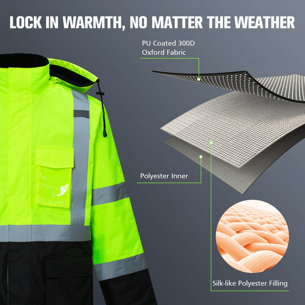 ProtectX Neon Green High Visibility Winter Safety Jacket for Men, Reflective Insulated Work Long Coat
