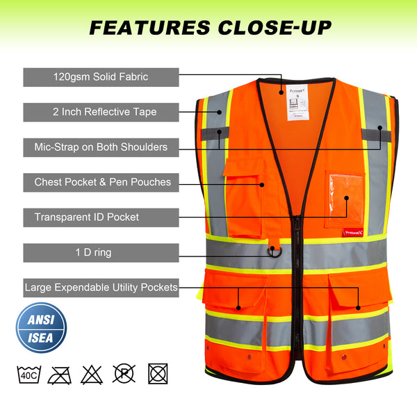 ProtectX 9 Pockets Orange Safety Vest for Men Women High Visibility Reflective Vest for Construction Work Class 2