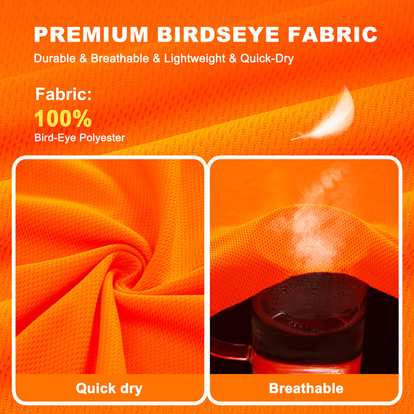ProtectX Orange Hi Vis Short Sleeve Safety Shirts, Reflective Breathable Construction Apparel, Men Women Work Shirt, Class 2