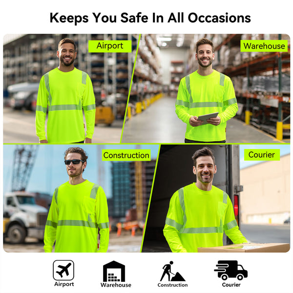 ProtectX Neon Green 2-pack High Vis Safety Shirts for Men, Long Sleeve Reflective Shirts, Class 3 Construction Shirts for Men Women