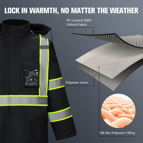 ProtectX Black High Visibility Winter Safety Jacket for Men, Reflective Insulated Work Long Coat