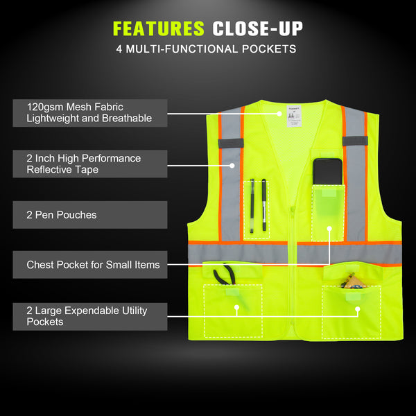 ProtectX Neon Green Safety Vest for Men Women ANSI Class 2 High Visibility Mesh Reflective Construction Vest with 4 Pockets