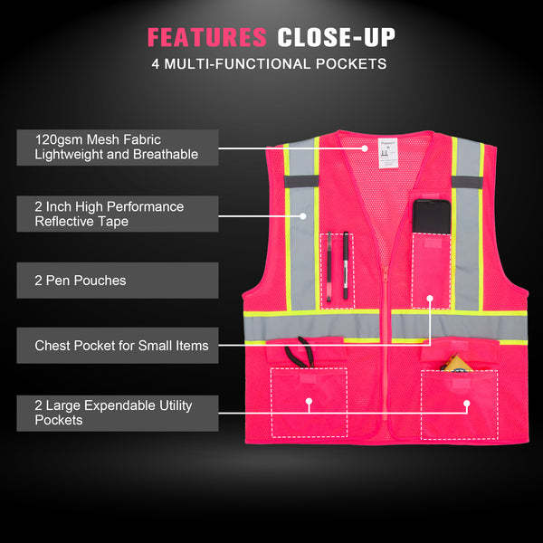 ProtectX Safety Vest for Men Women High Visibility Mesh Reflective Construction Vest with 4 Pockets