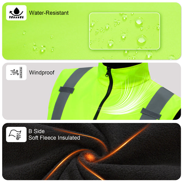 ProtectX Neon Green Hi Vis Reversible Winter Insulated Safety Vest for Men Windproof water-repellent and warm high-visibility safety vest ANSI Class 2 Hi Vis Winter Vest for Men Women