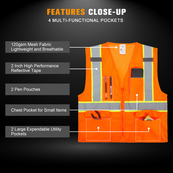 ProtectX Neon Orange Safety Vest for Men Women ANSI Class 2 High Visibility Mesh Reflective Construction Vest with 4 Pockets