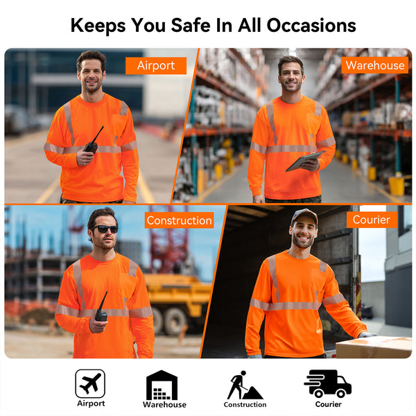 ProtectX Orange 2-pack High Vis Safety Shirts for Men, Long Sleeve Reflective Shirts, Class 3 Construction Shirts for Men Women