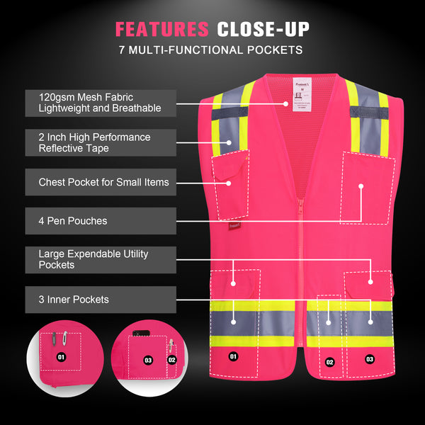 ProtectX Pink High Visibility Reflective Safety Vest for Men Women Hi Vis Work Construction Vest with Pockets Class 2 Zipper Front  7 Pockets