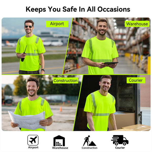 ProtectX Neon Green 2-Pack High Vis Safety Shirts for Men, Short Sleeve Reflective Shirts, Class 2 Construction Shirts for Men