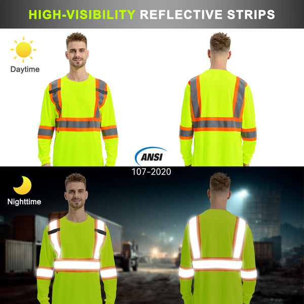 ProtectX Neon Green High Visibility Safety Shirt, Quick Dry Breathable Reflective Construction Work Long Sleeve Shirts, Class 2 Type R