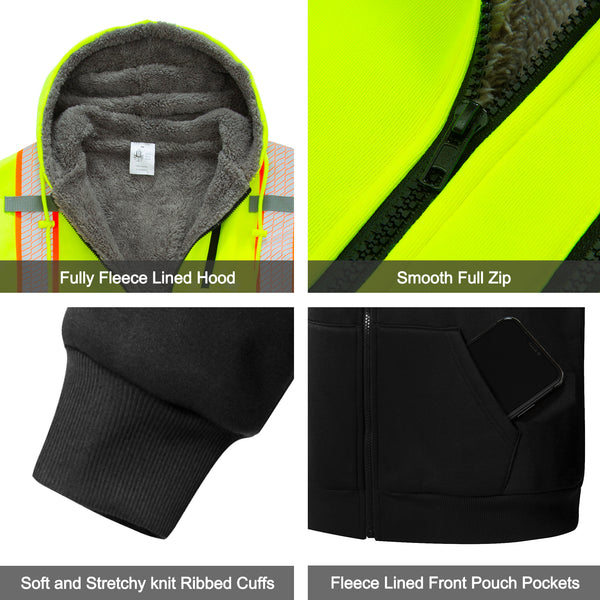 ProtectX Hi Vis Neon Green Safety Hoodie for Men Women Fleece Lined Class 3 High Visibility Sweatshirt Reflective Jacket