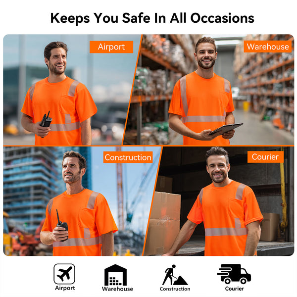 ProtectX Orange 2-Pack High Vis Safety Shirts for Men, Short Sleeve Reflective Shirts, Class 2 Construction Shirts for Men