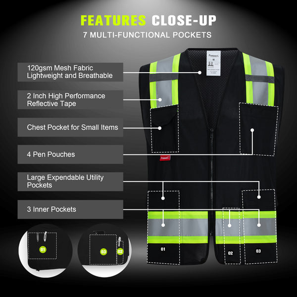 ProtectX Black High Visibility Reflective Safety Vest for Men Women Hi Vis Work Construction Vest with Pockets Class 2 Zipper Front  7 Pockets