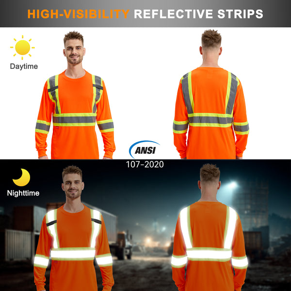 ProtectX Orange High Visibility Safety Shirt, Quick Dry Breathable Reflective Construction Work Long Sleeve Shirts, Class 2 Type R