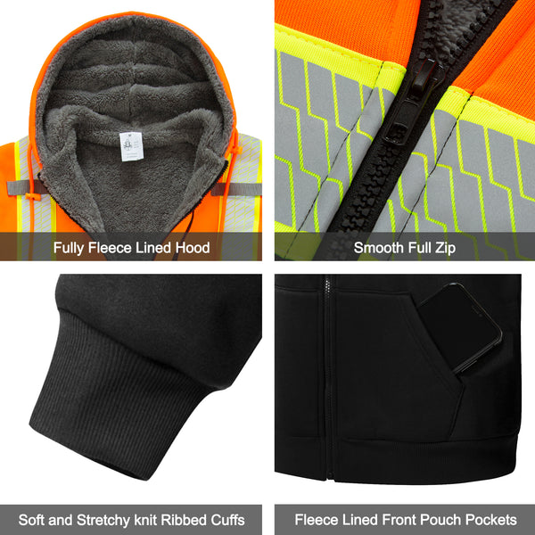 ProtectX Hi Vis Neon Orange Safety Hoodie for Men Women Fleece Lined Class 3 High Visibility Sweatshirt Reflective Jacket