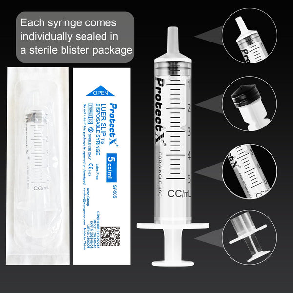 ProtectX Syringe 5ml Disposable Luer Slip Sterile with 21Ga 1.5” Needle Individually Sealed 50-Pack