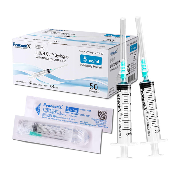 ProtectX Syringe 5ml Disposable Luer Slip Sterile with 21Ga 1.5” Needle Individually Sealed 50-Pack