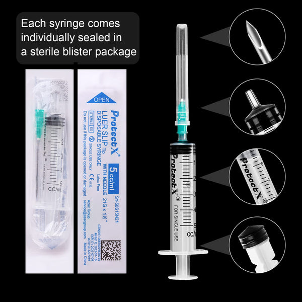 ProtectX Syringe 5ml Disposable Luer Slip Sterile with 21Ga 1.5” Needle Individually Sealed 50-Pack