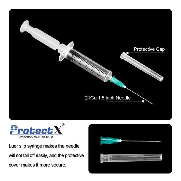 ProtectX Syringe 5ml Disposable Luer Slip Sterile with 21Ga 1.5” Needle Individually Sealed 50-Pack