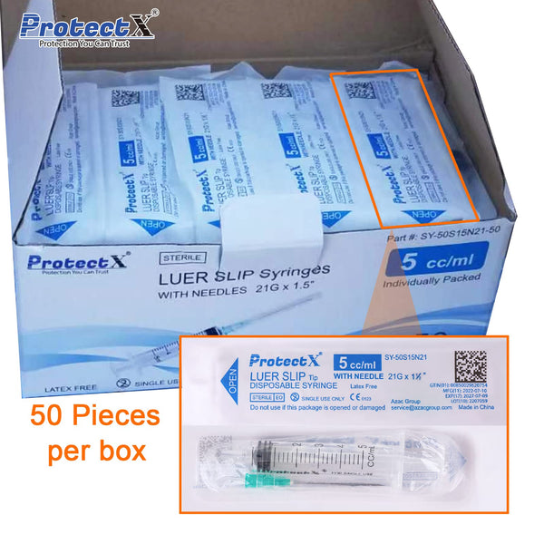 ProtectX Syringe 5ml Disposable Luer Slip Sterile with 21Ga 1.5” Needle Individually Sealed 50-Pack