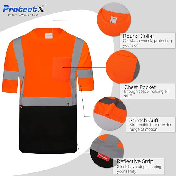 ProtectX Reflective Orange Short Sleeve High Visibility Heavy-Duty Safety T-Shirt Type R Class 2