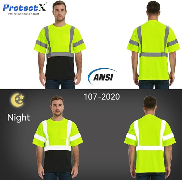 ProtectX Reflective Neon Green Short Sleeve High Visibility Heavy-Duty Safety T-Shirt Type R Class 2